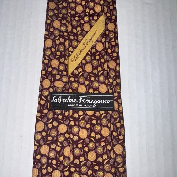 Salvatore Ferragamo Tie Mens Silk Burgundy Gold Novelty Faces Pumpkins Fall - Picture 6 of 7